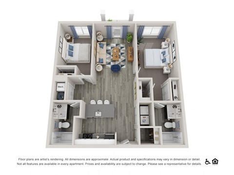 Floor plan for 2 beds, 2 baths, 942 sqft